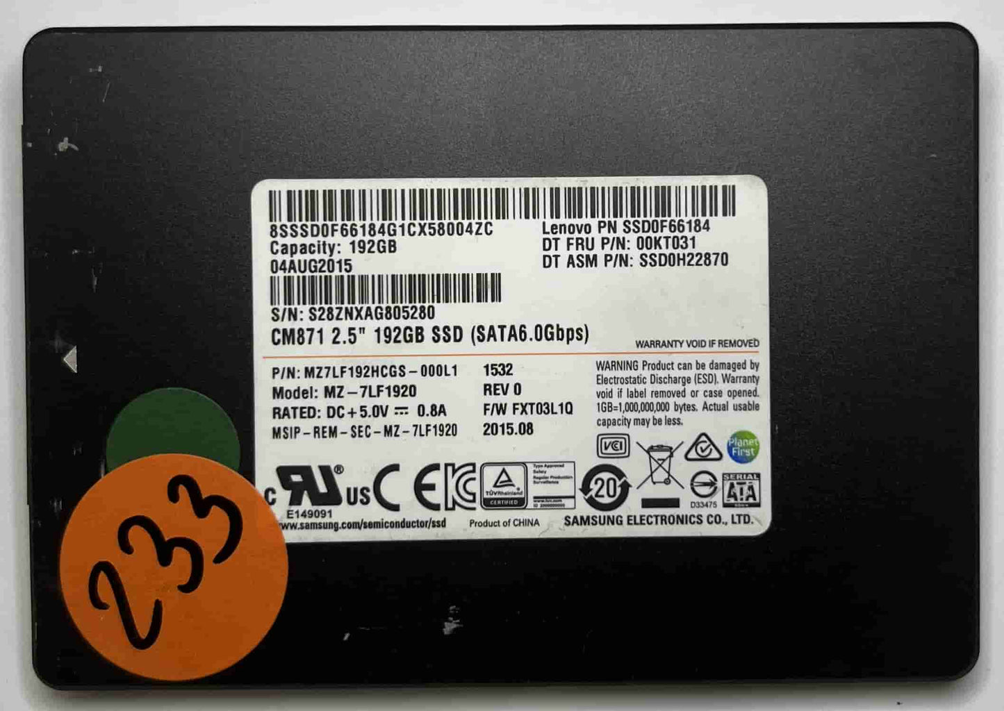 SAMSUNG MZ7LF1920 MZ7LF192HCGS (233) SSD for Sale