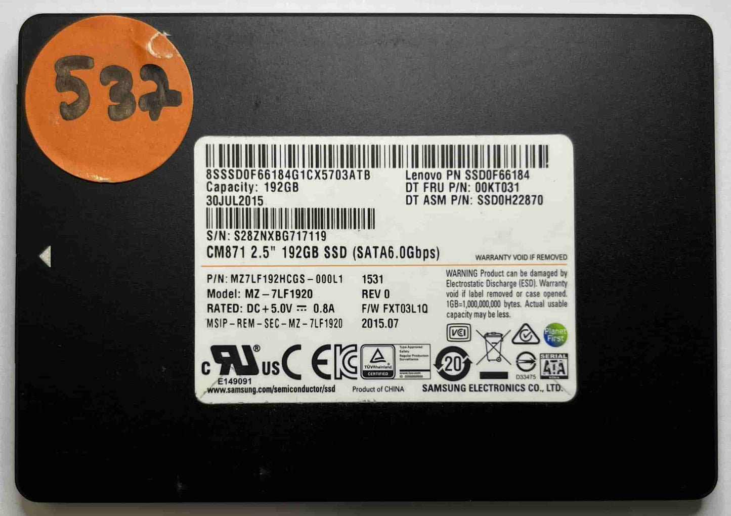 SAMSUNG MZ-7LF1920 MZ7LF192HCGS-000L1 (537) SSD for Sale