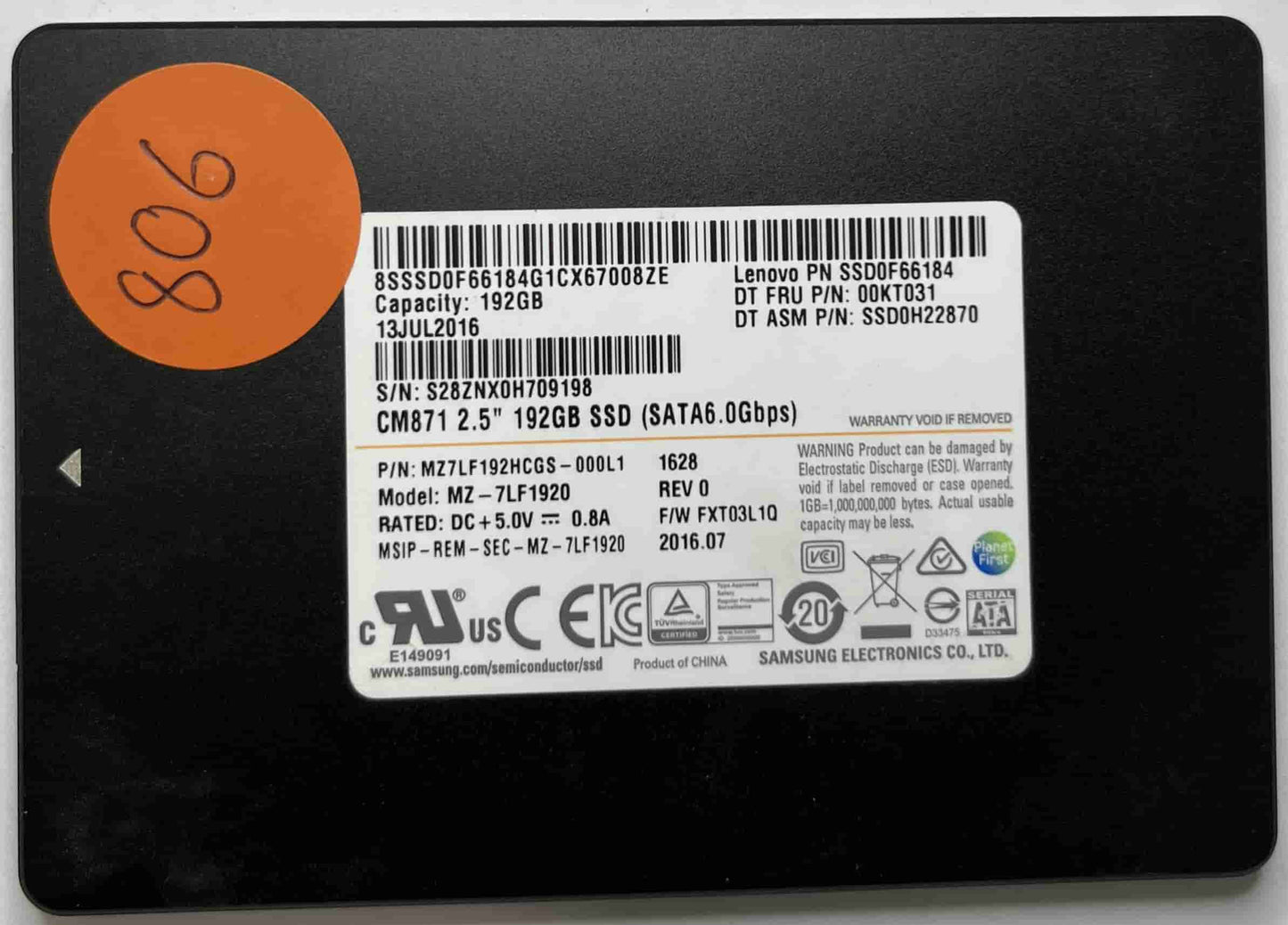 SAMSUNG MZ-7LF1920 MZ7LF192HCGS-000L1 (806) SSD for Sale