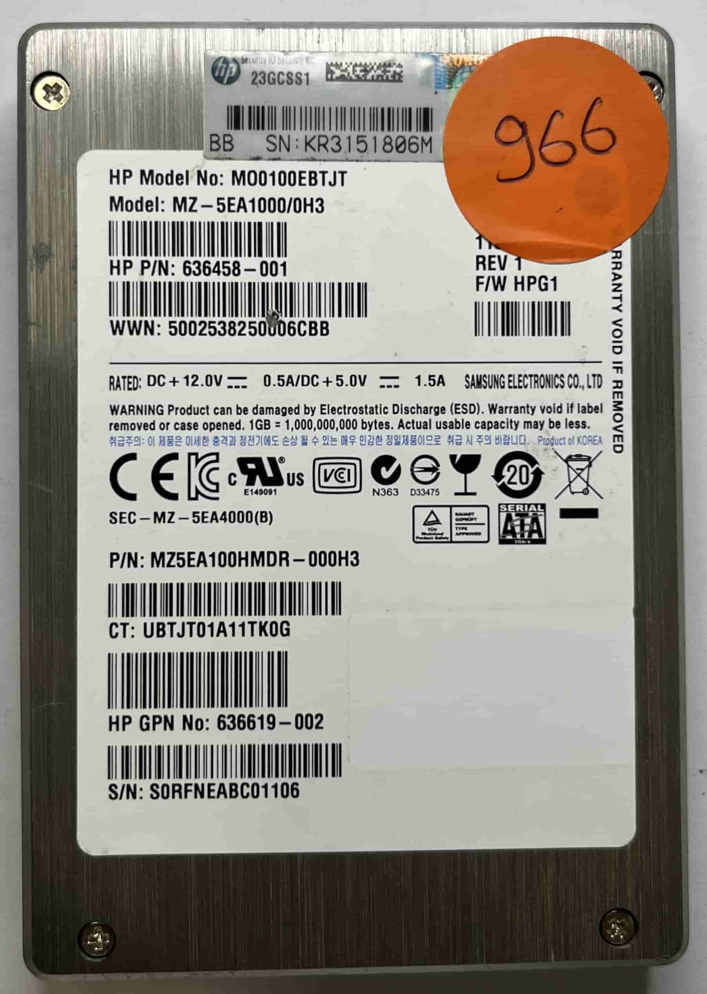 HP MO0100EBTJT MZ5EA100HMDR-000H3 (966) SSD for Sale