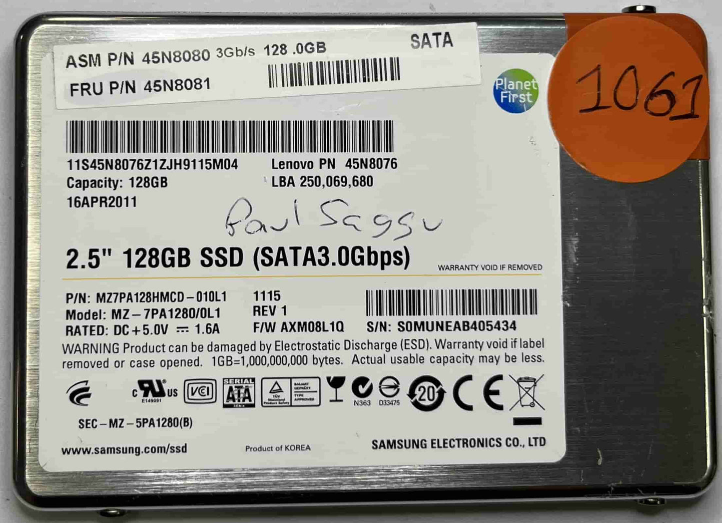 SAMSUNG MZ-7PA1280/0L1 MZ7PA128HMCD-010L1 (1061) SSD for Sale