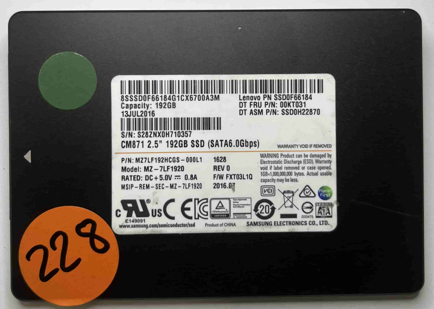 SAMSUNG MZ7LF1920 MZ7LF192HCGS (228) SSD for Sale