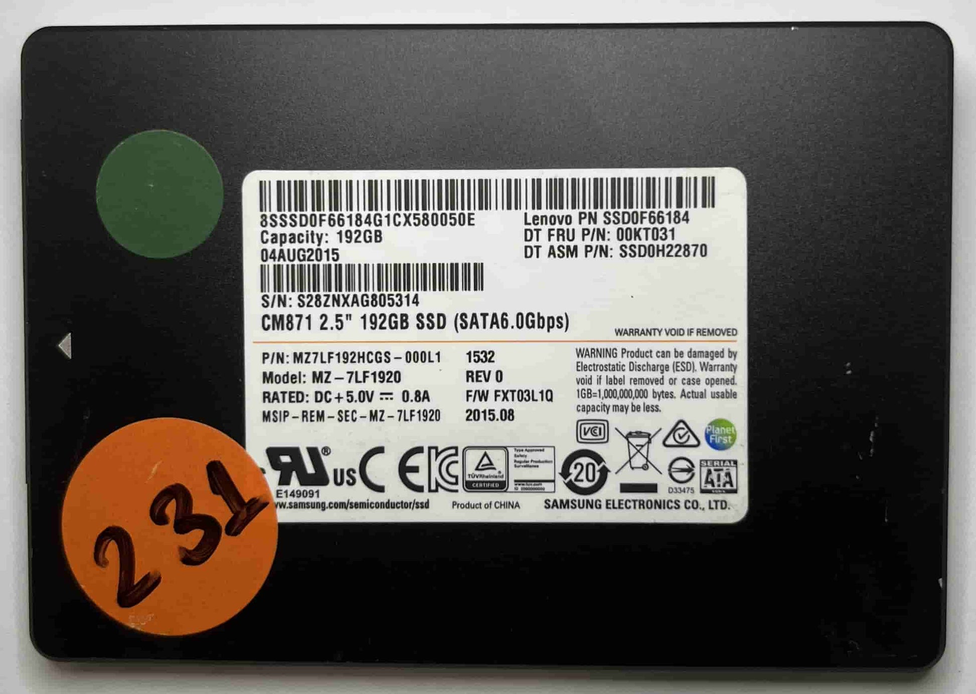 SAMSUNG MZ7LF1920 MZ7LF192HCGS (231) SSD for Sale