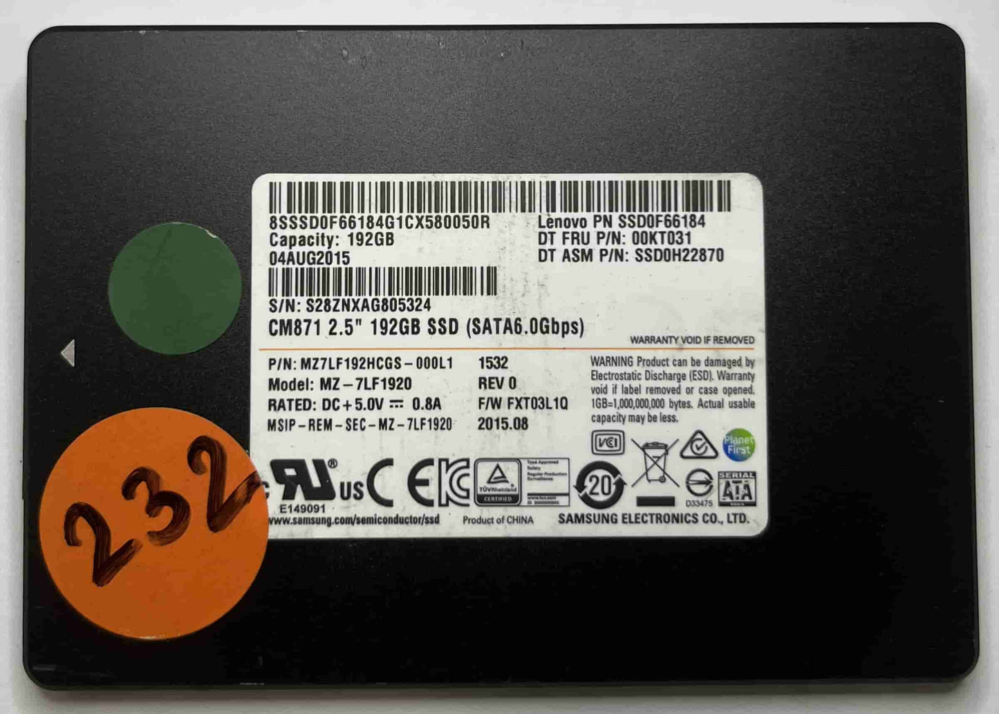 SAMSUNG MZ7LF1920 MZ7LF192HCGS (232) SSD for Sale