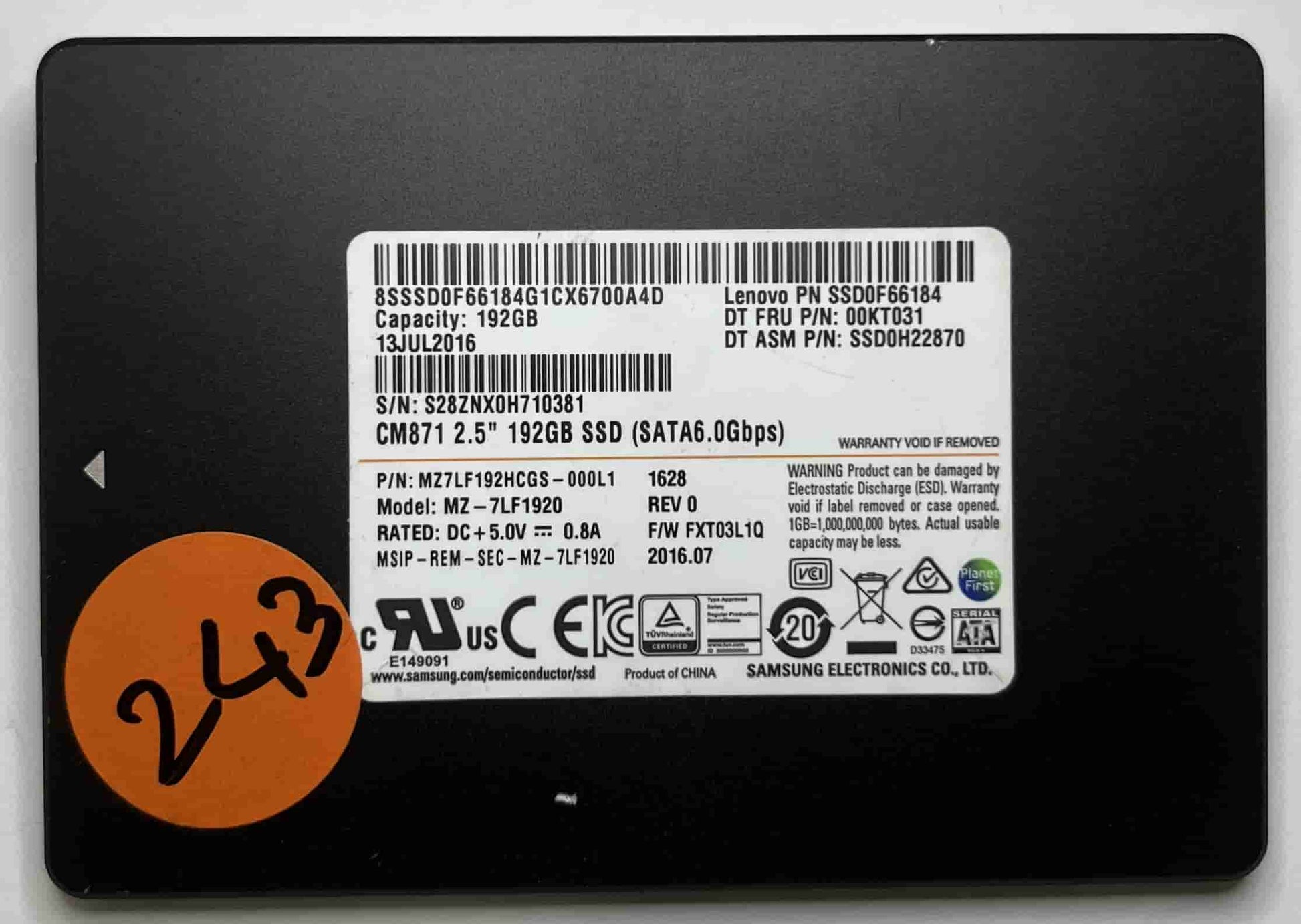 SAMSUNG MZ7LF1920 MZ7LF192HCGS (243) SSD for Sale