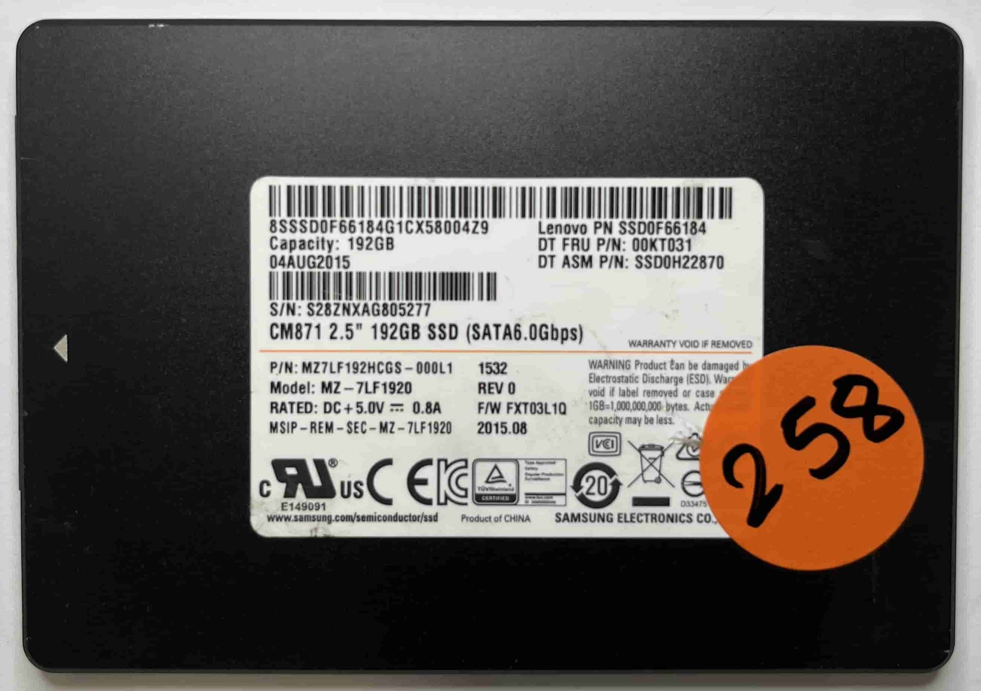 SAMSUNG MZ7LF1920 MZ7LF192HCGS (258) SSD for Sale