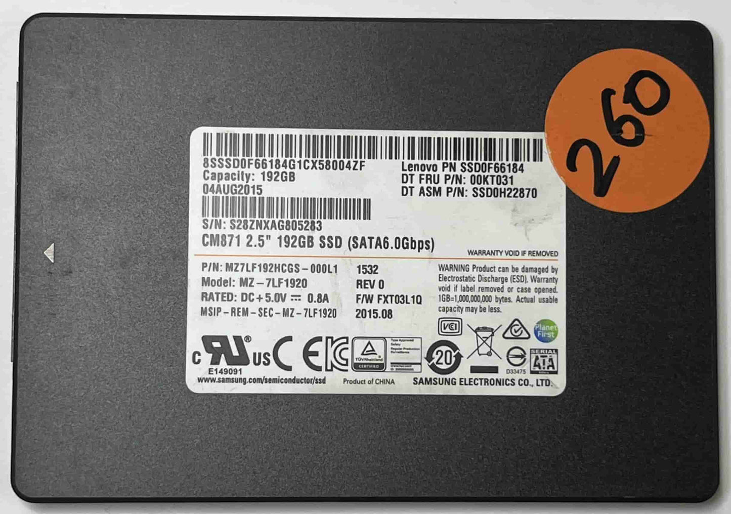 SAMSUNG MZ7LF1920 MZ7LF192HCGS (260) SSD for Sale