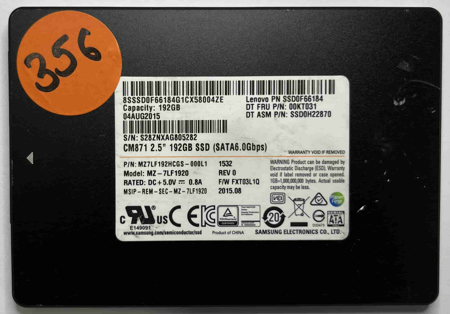 SAMSUNG MZ7LF1920 MZ7LF192HCGS (356) SSD for Sale