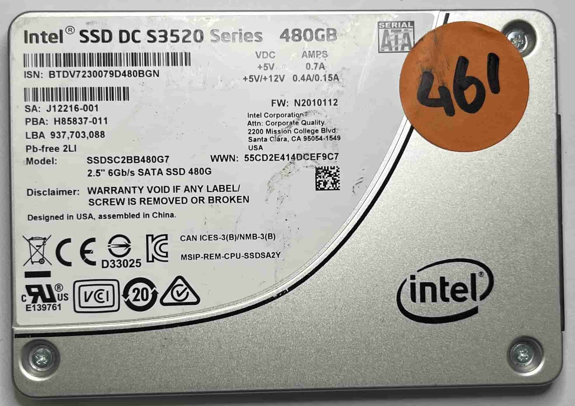 INTEL SSDSC2BB480G7 (461) SSD for Sale