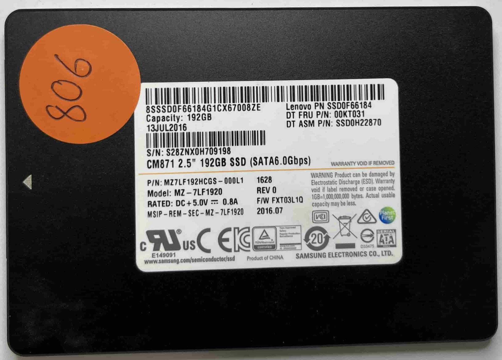 SAMSUNG MZ-7LF1920 MZ7LF192HCGS-000L1 (806) SSD for Sale