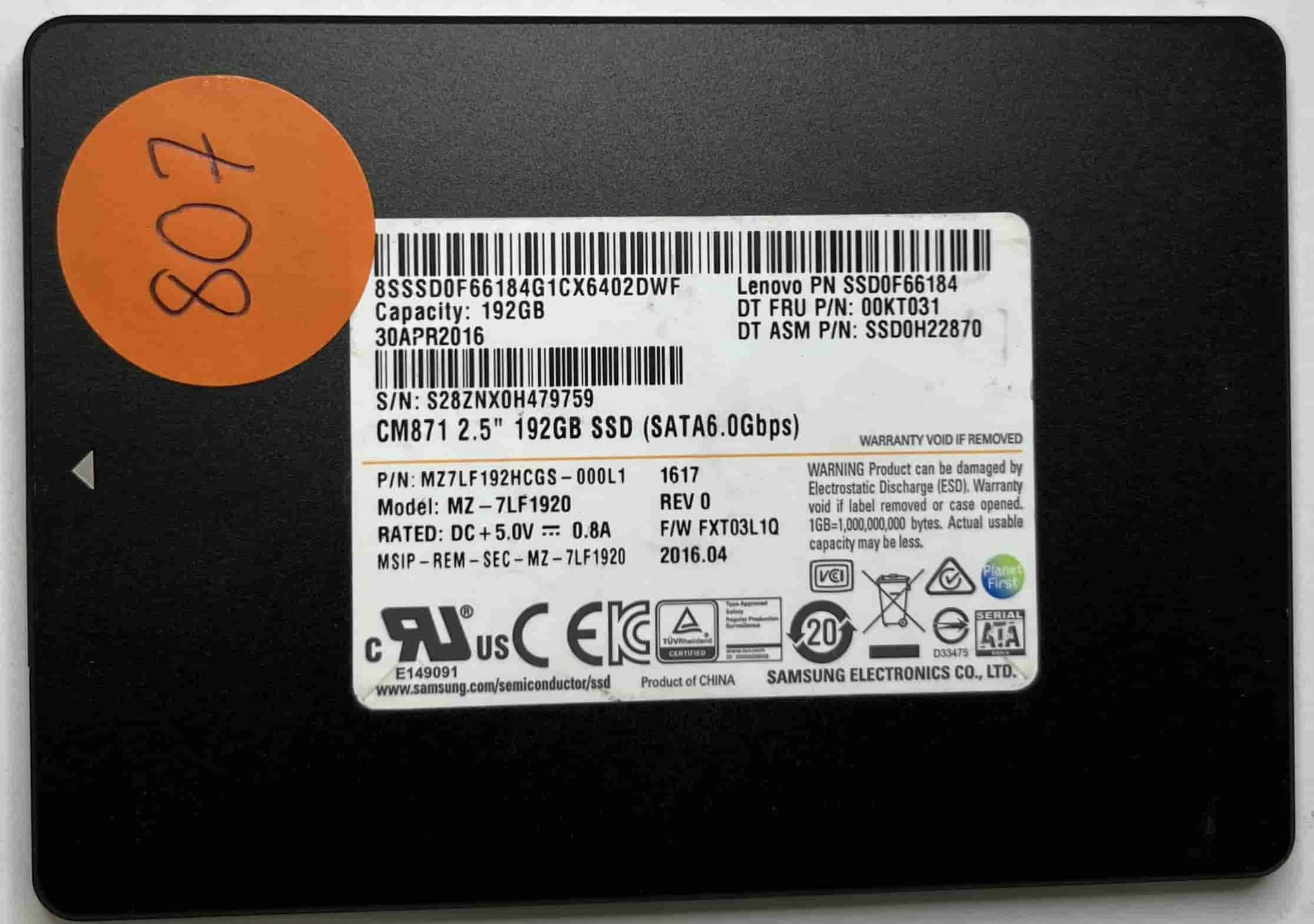 SAMSUNG MZ-7LF1920 MZ7LF192HCGS-000L1 (807) SSD for Sale