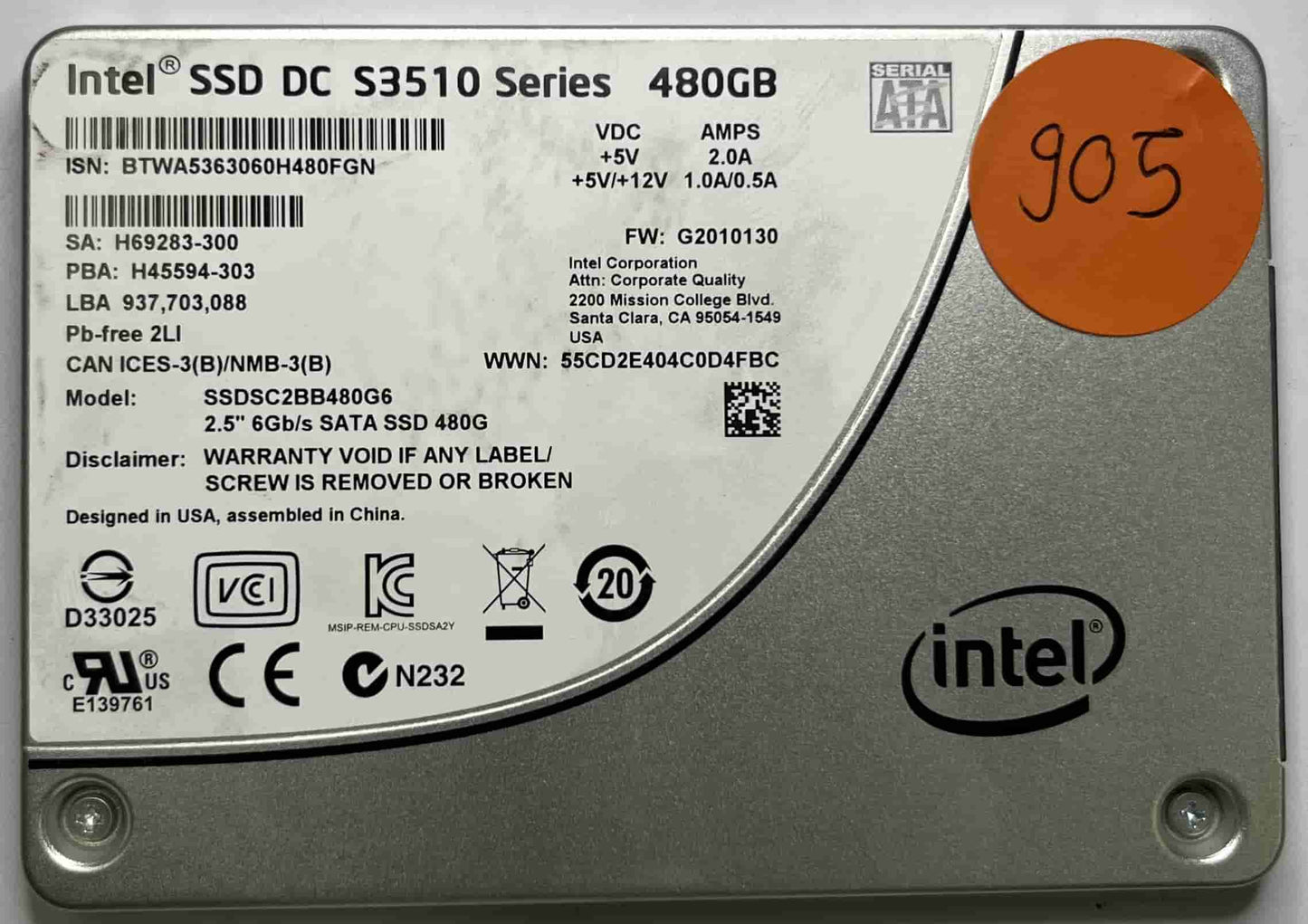 INTEL SSDSC2BB480G6 (905) SSD for Sale