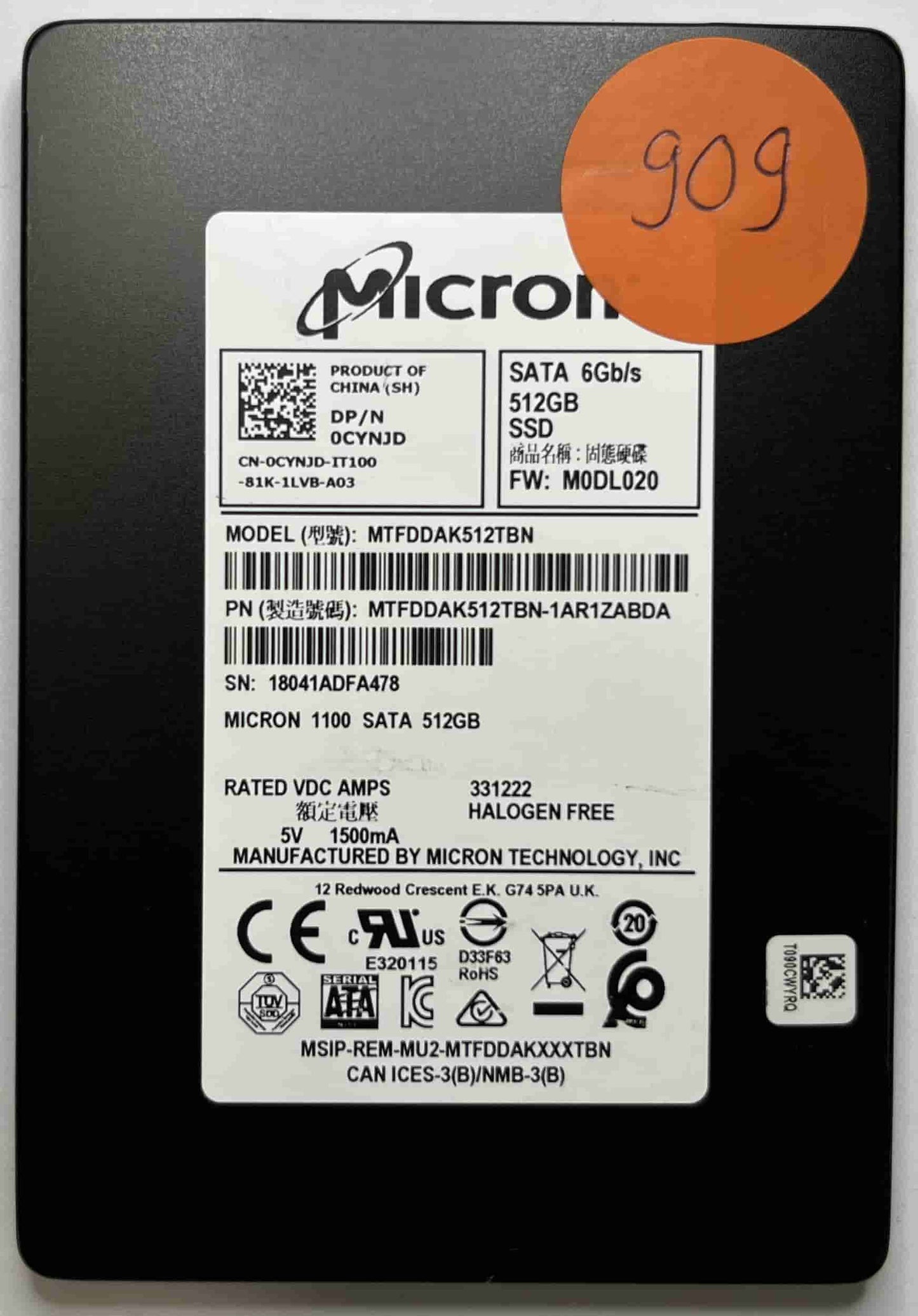 MICRON MTFDDAK512TBN MTFDDAK512TBN-1AR1ZABDA (909) SSD for Sale