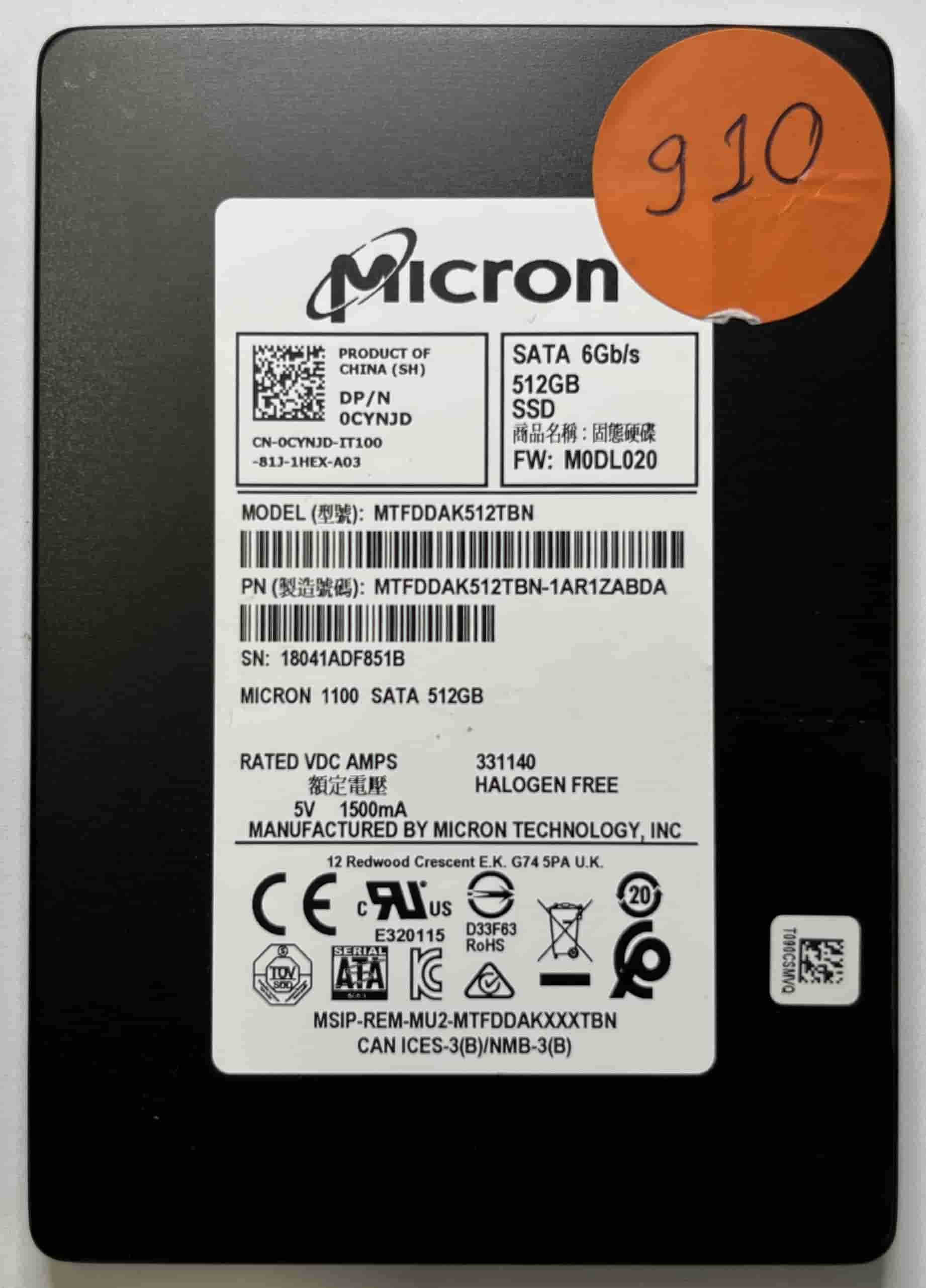 MICRON MTFDDAK512TBN MTFDDAK512TBN-1AR1ZABDA (910) SSD for Sale