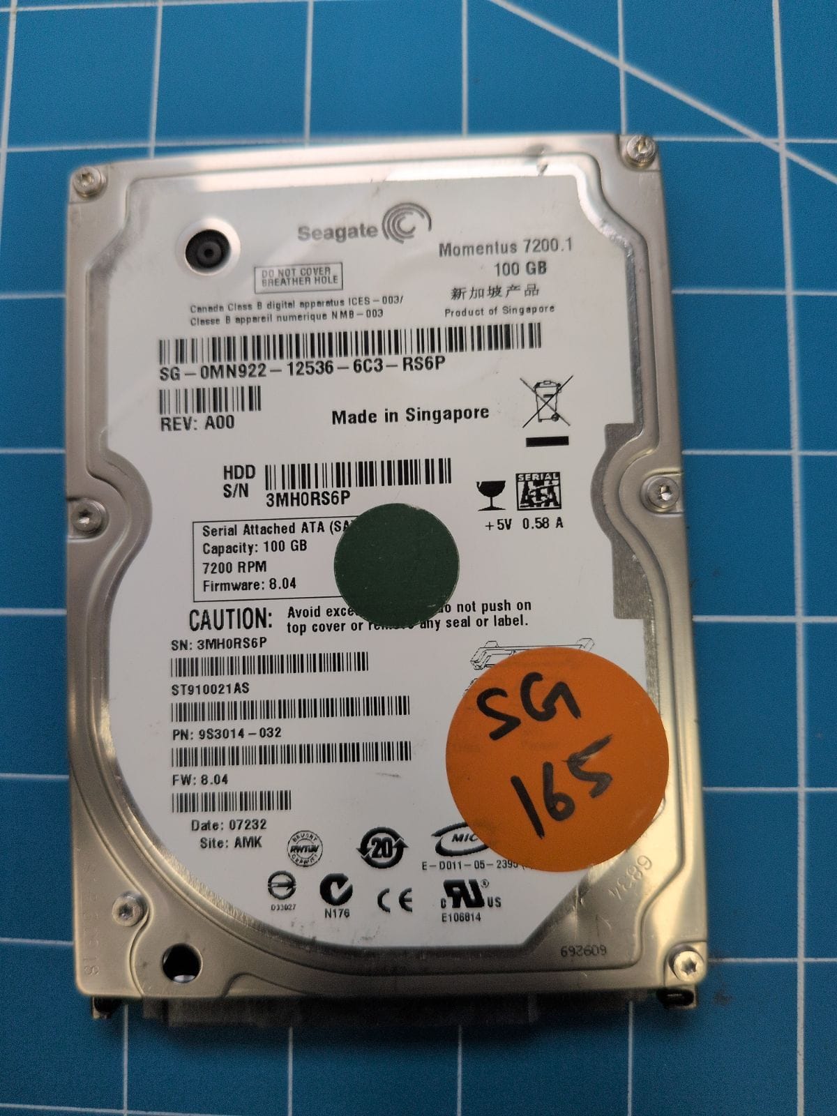 SG165 drive label (front)