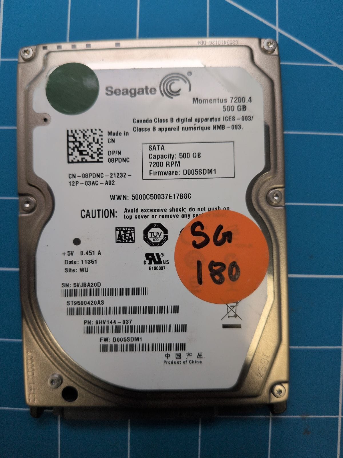 SG180 drive label (front)