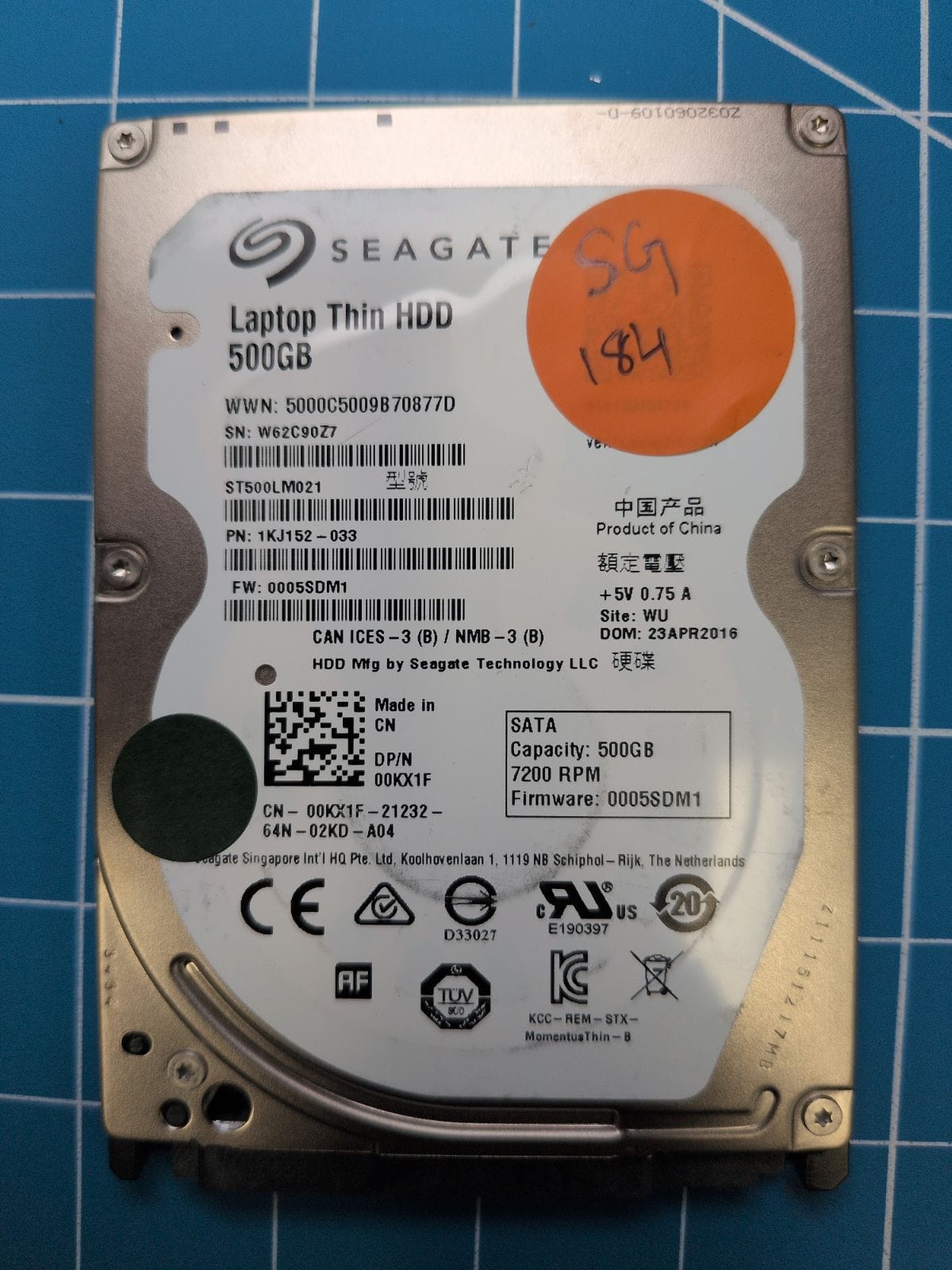 SG184 drive label (front)