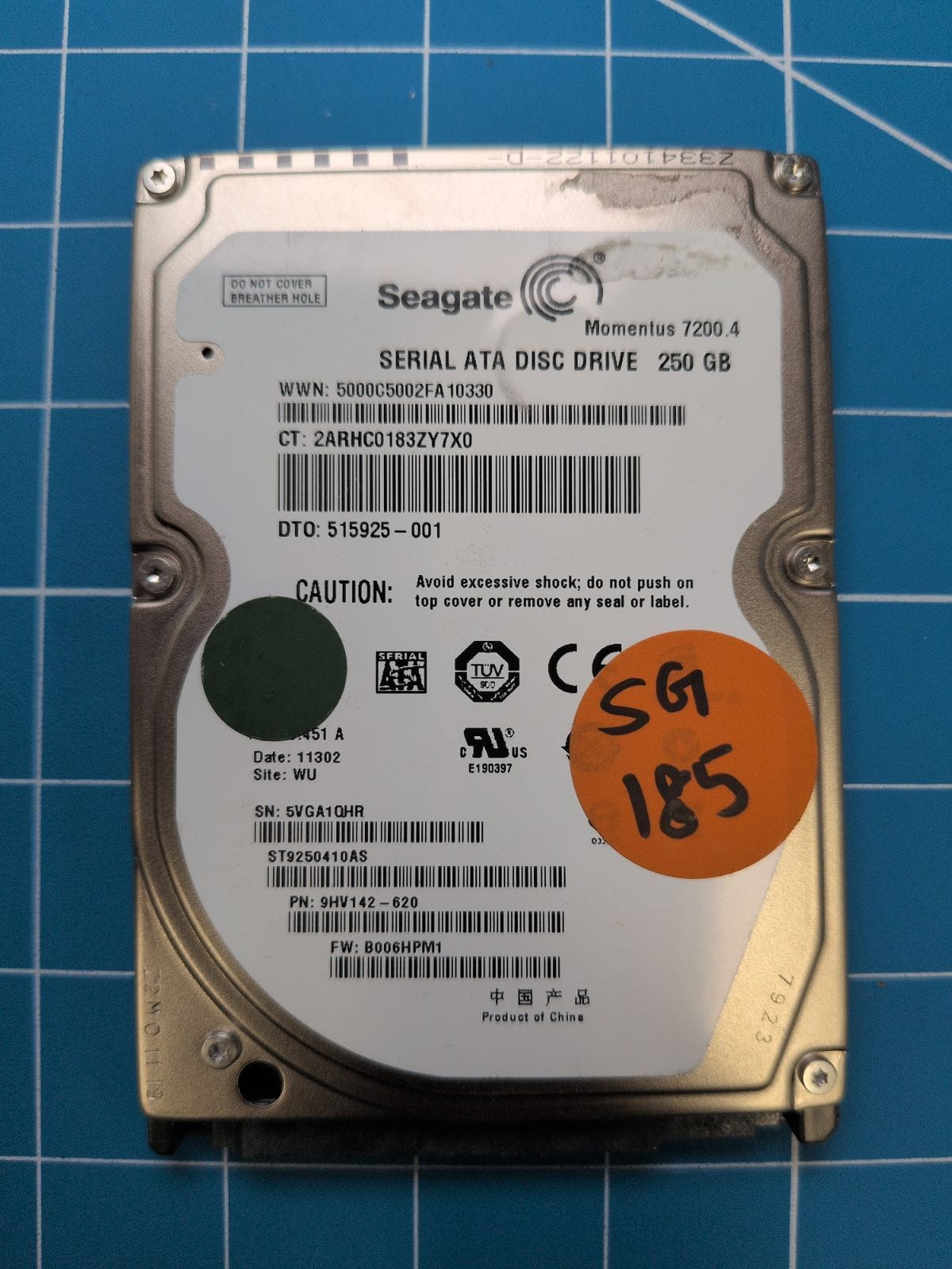 SG185 drive label (front)