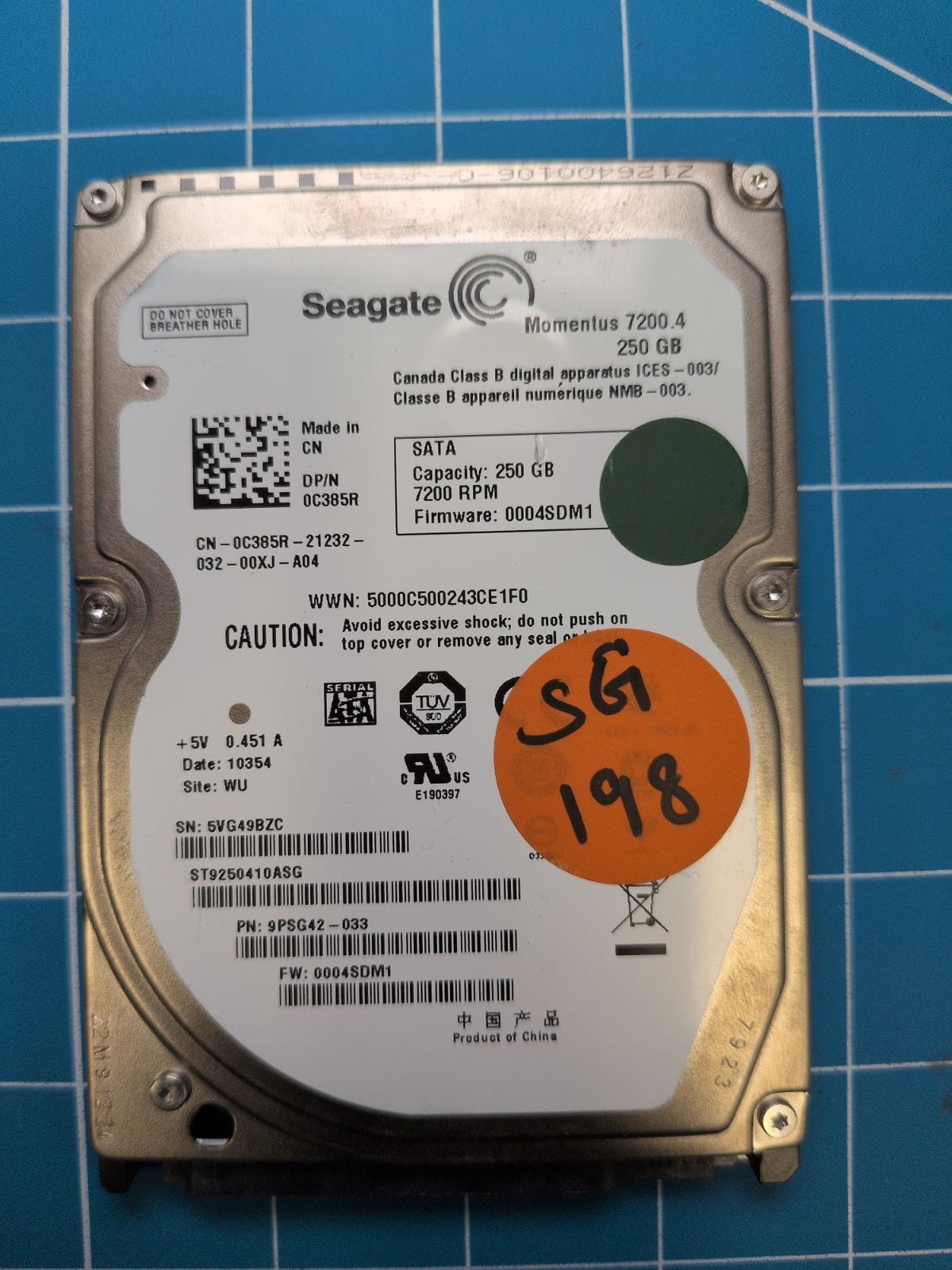 SG198 drive label (front)