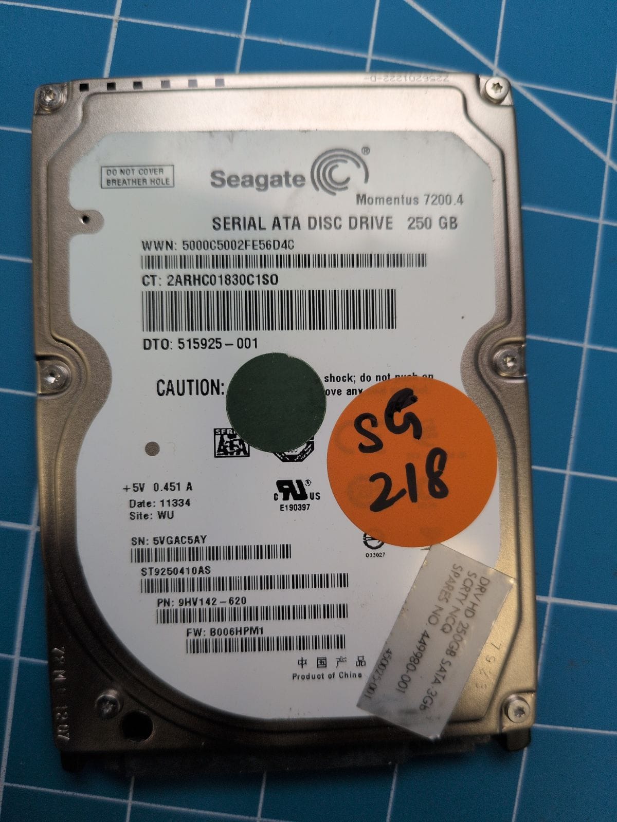 SG218 drive label (front)