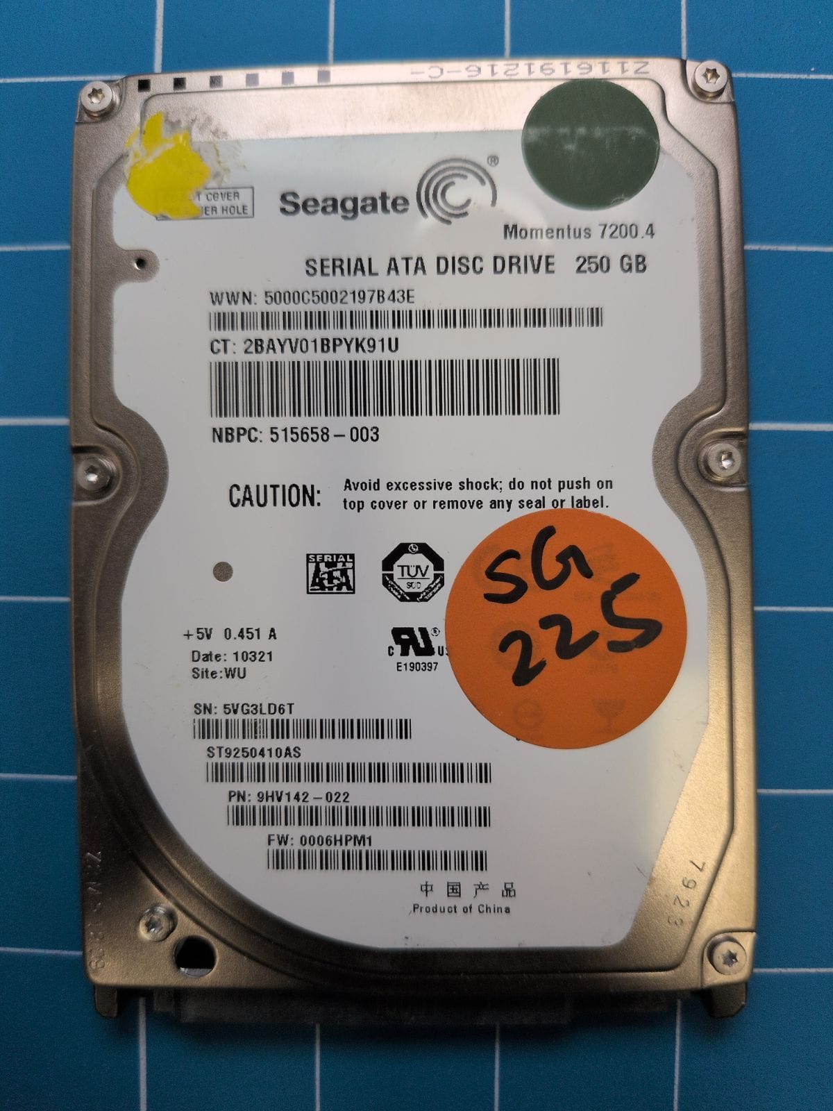 SG225 drive label (front)