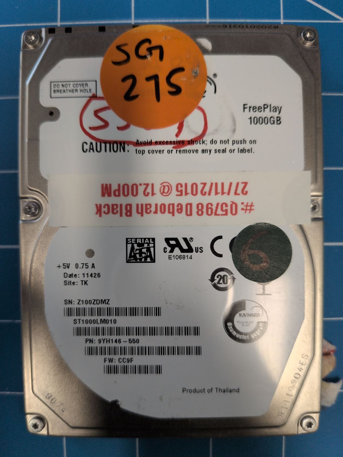 SG275 drive label (front)