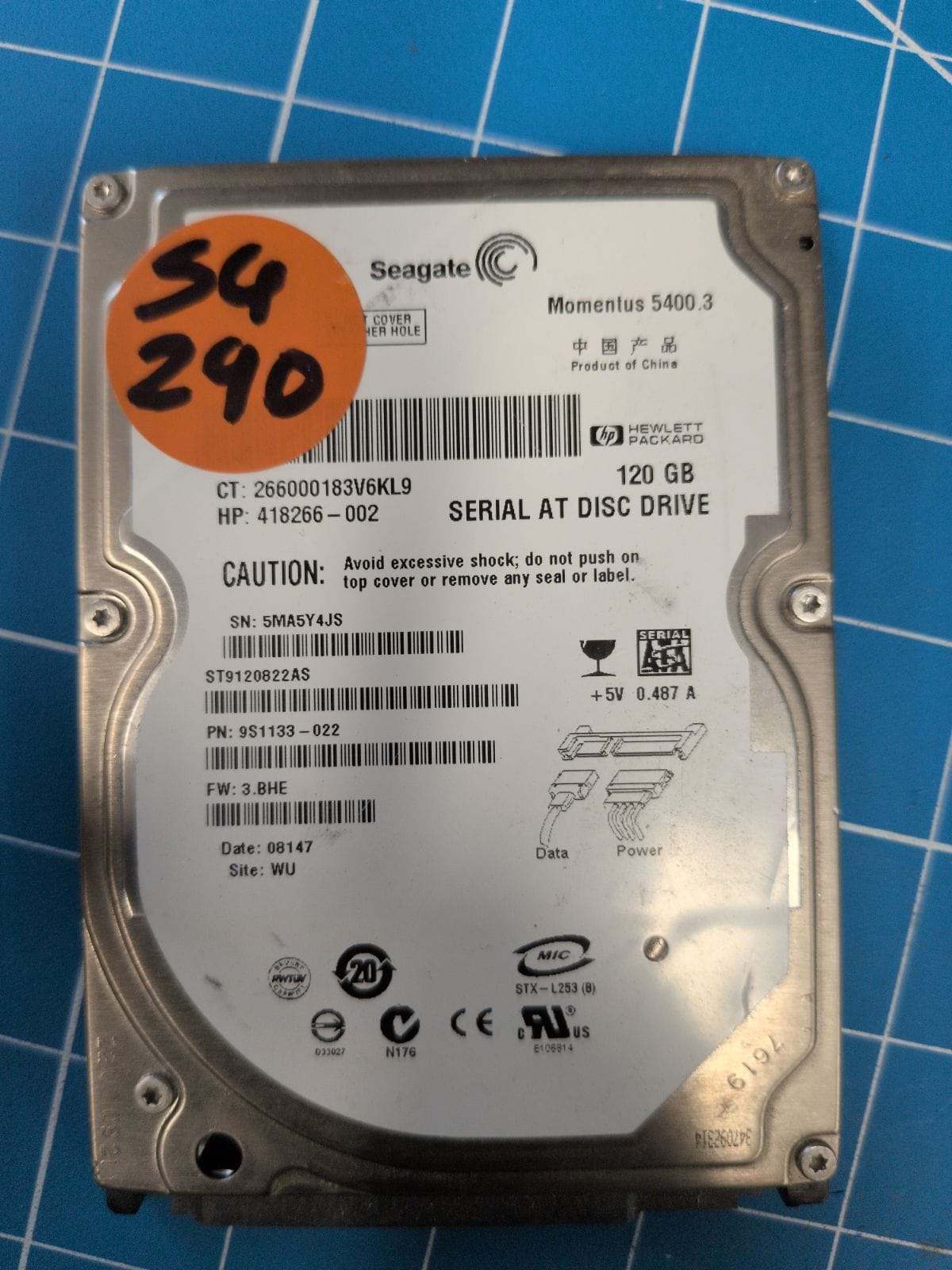 SG290 drive label (front)