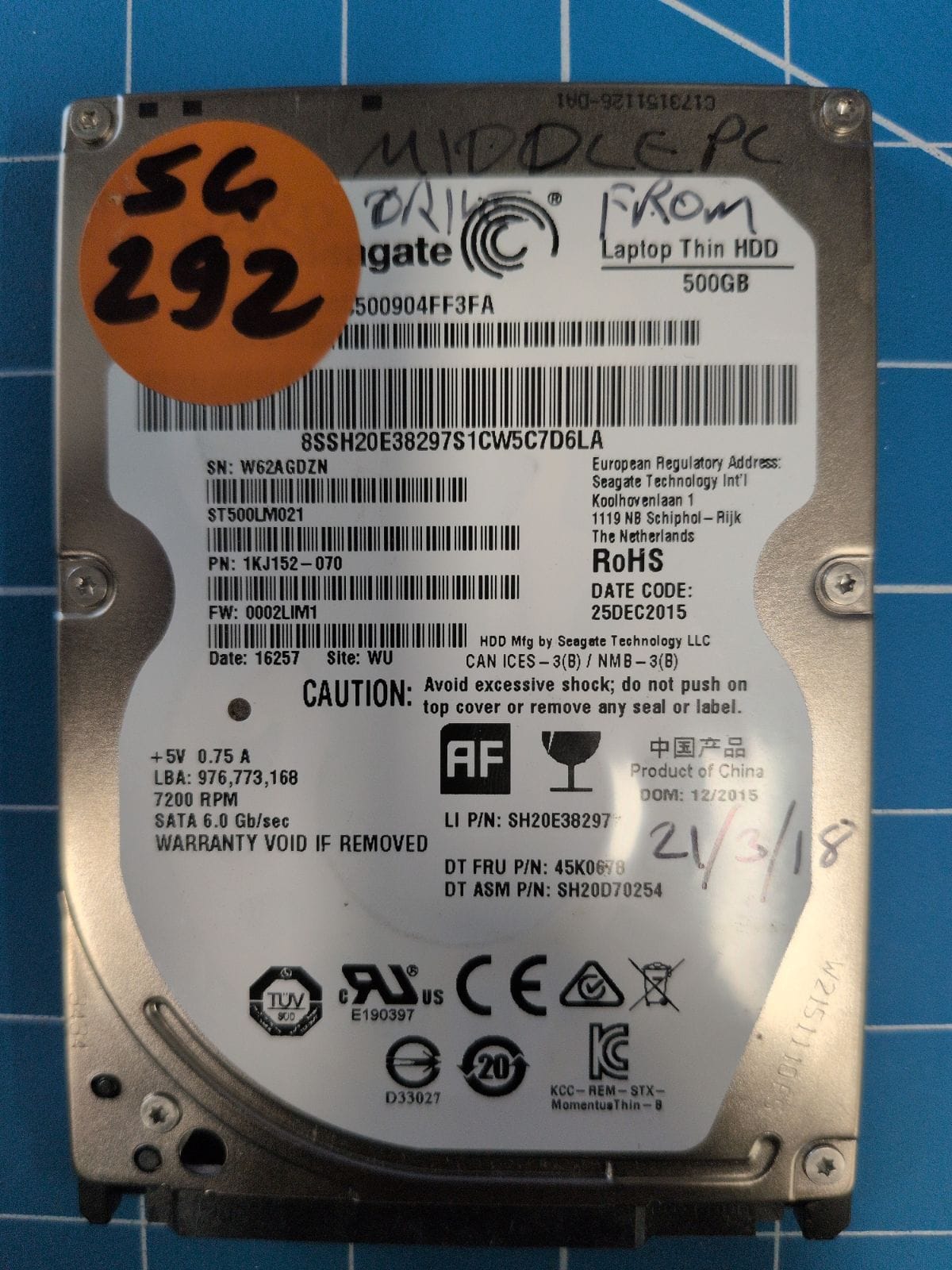 SG292 drive label (front)