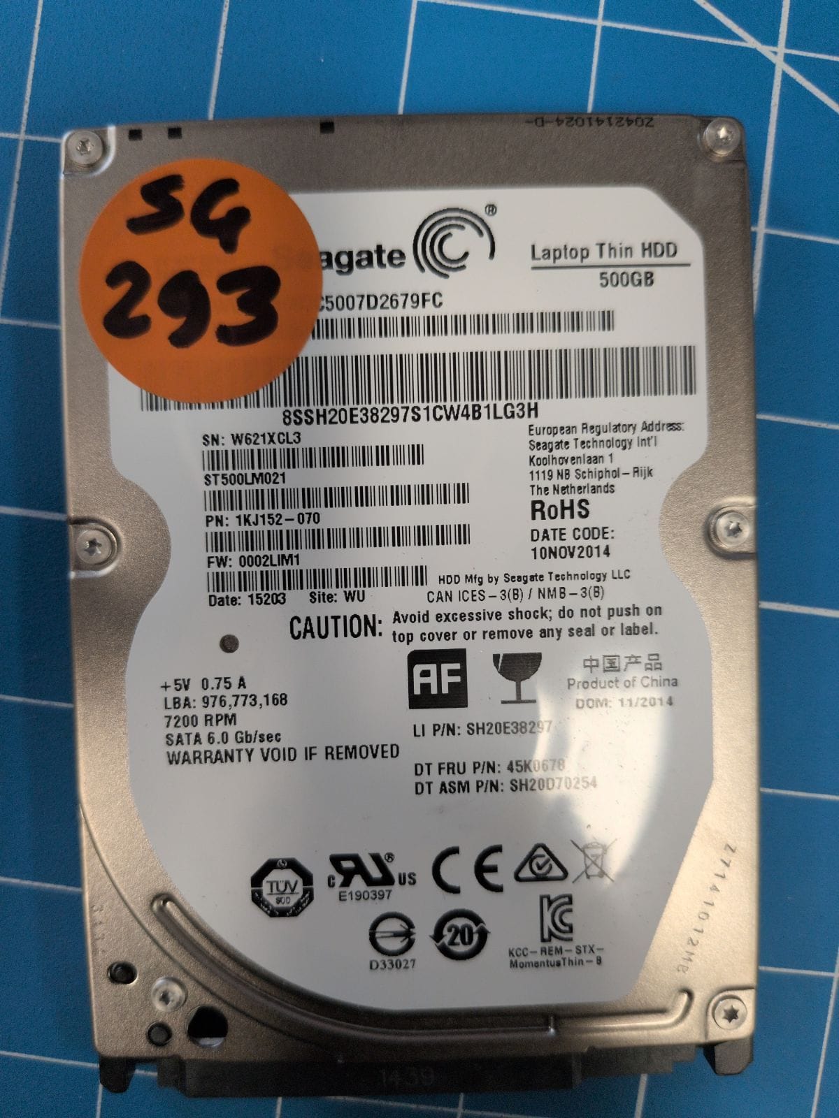 SG293 drive label (front)
