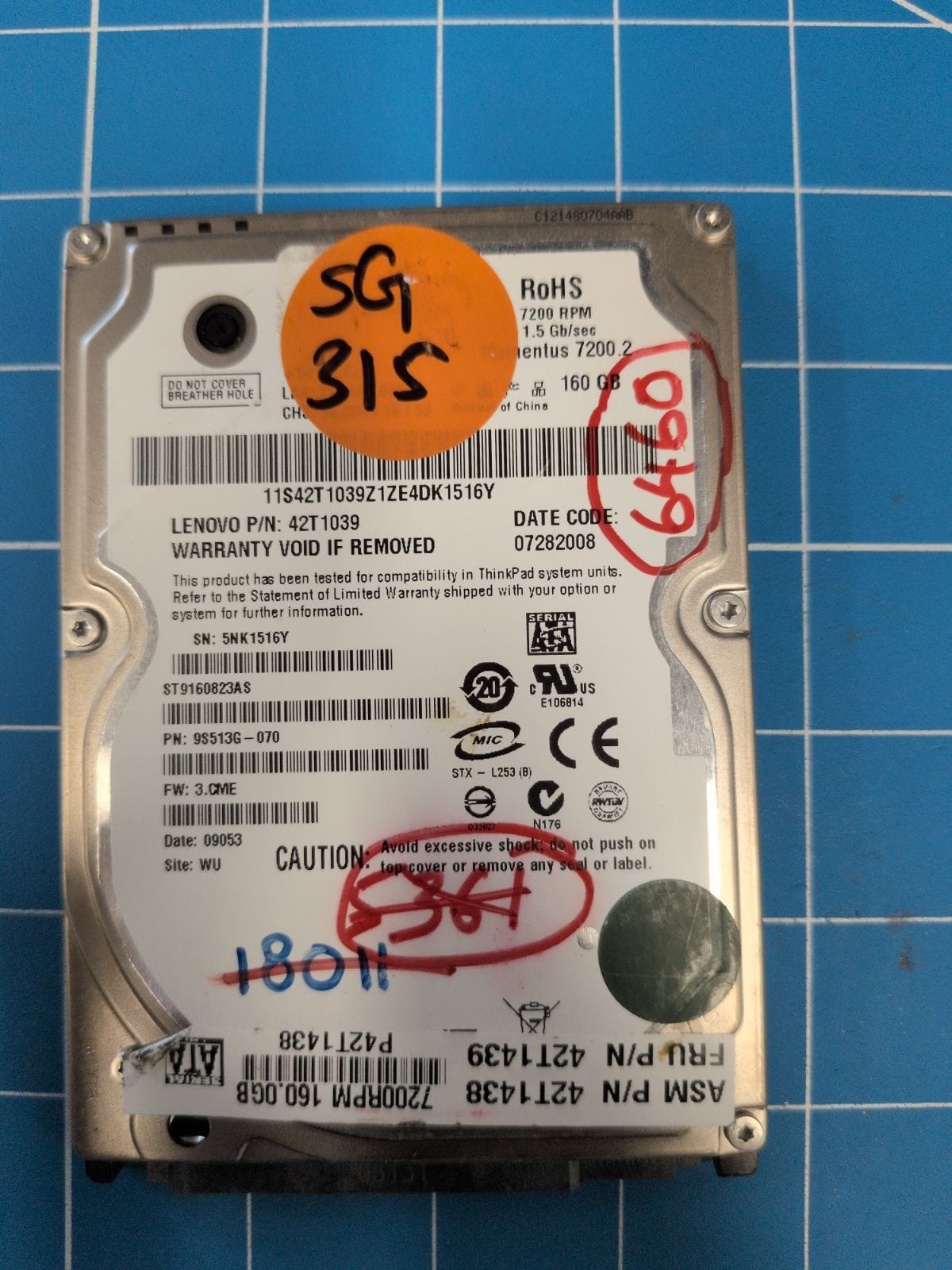 SG315 drive label (front)