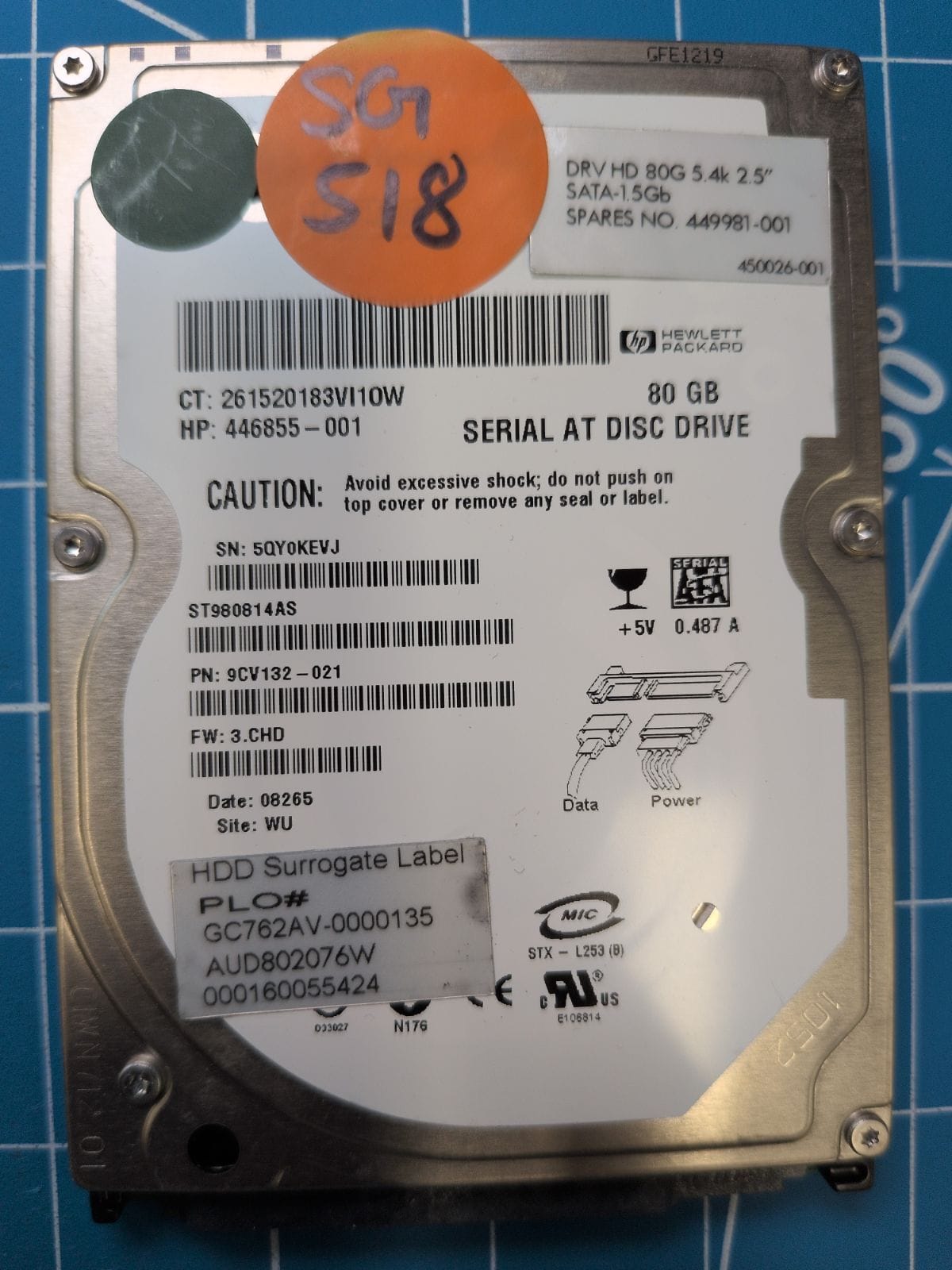SG518 drive label (front)