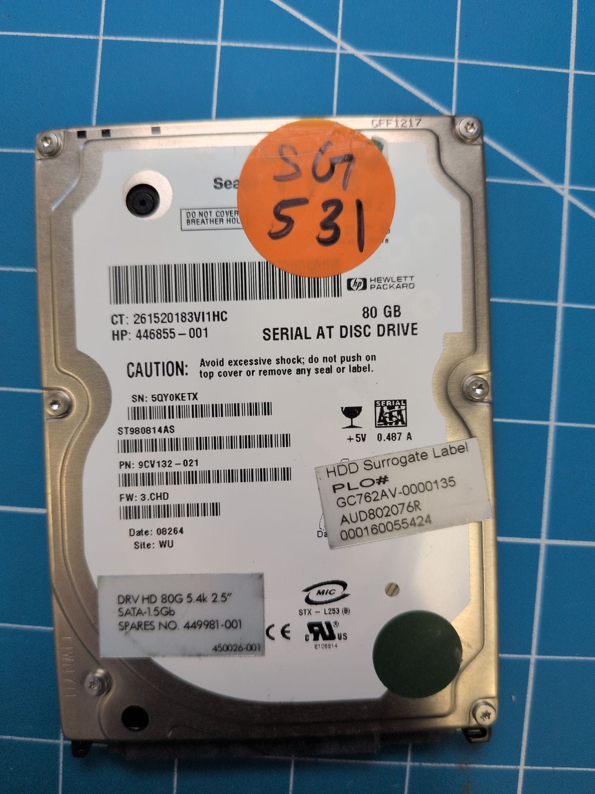 SG531 drive label (front)