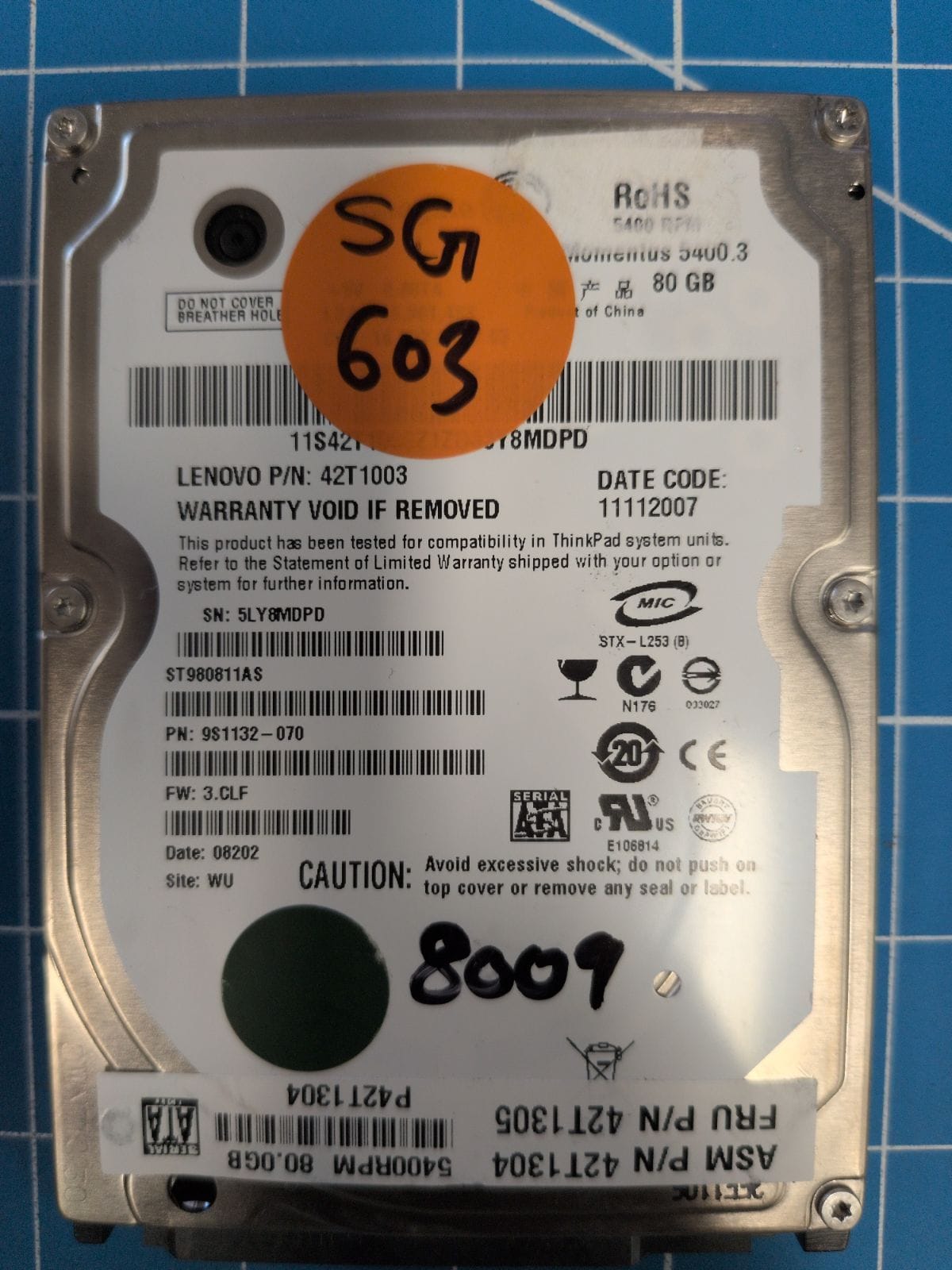 SG603 drive label (front)