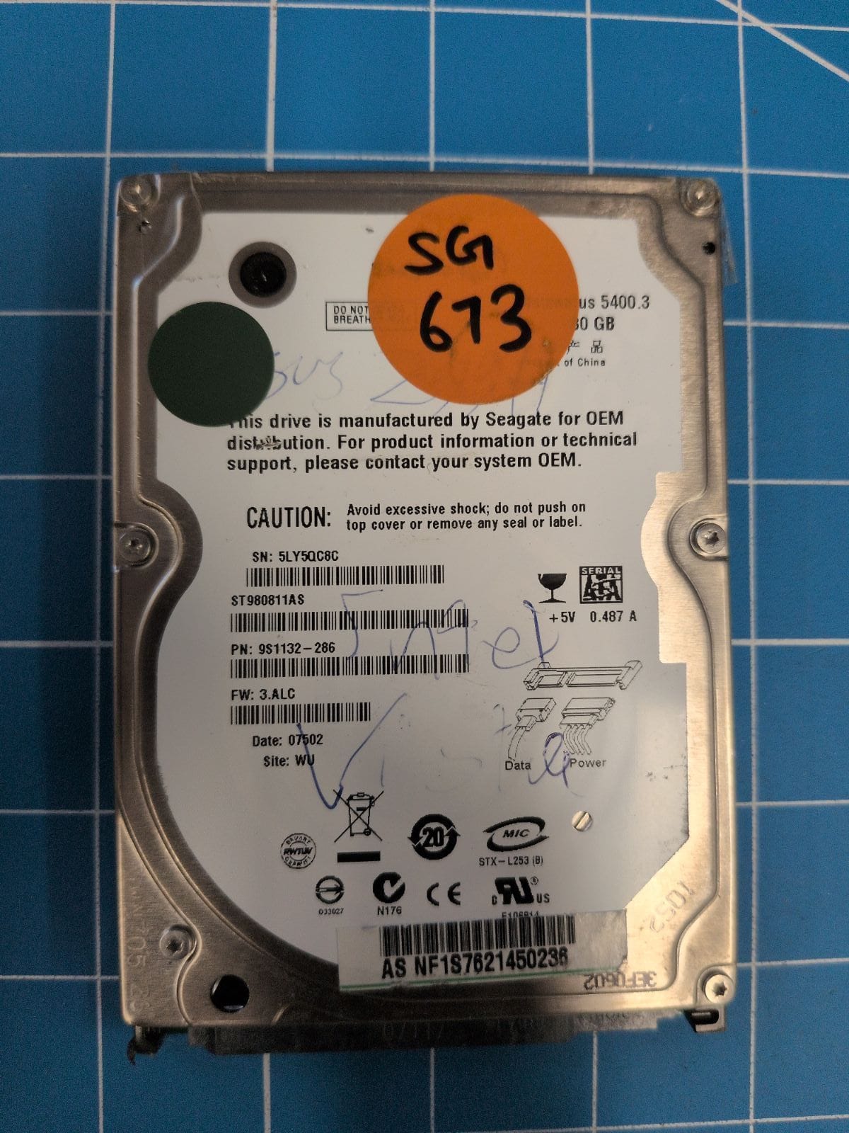 SG673 drive label (front)