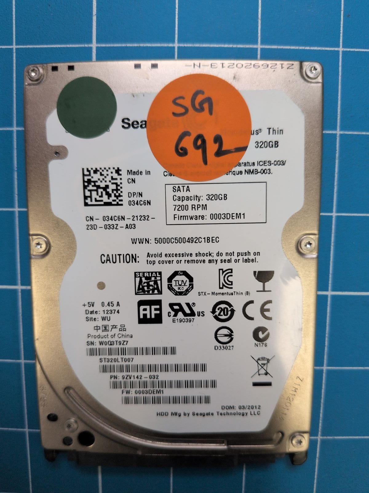 SG692 drive label (front)