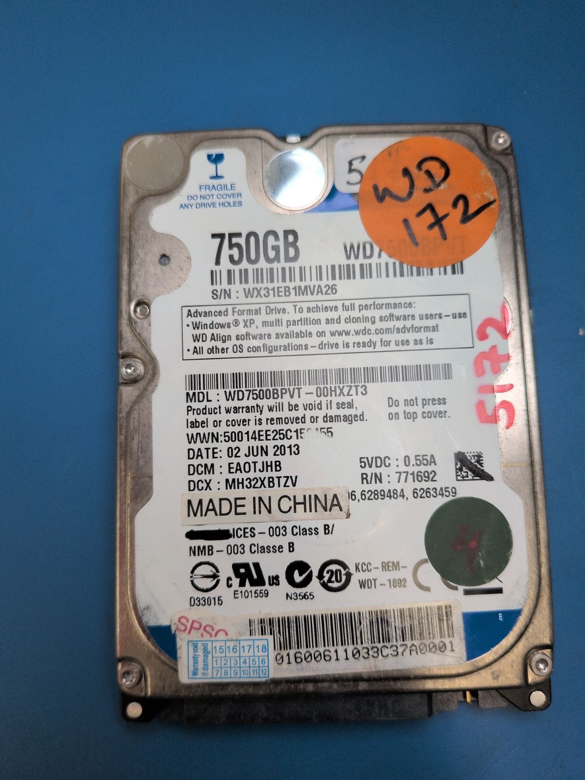 WD172 drive label (front)