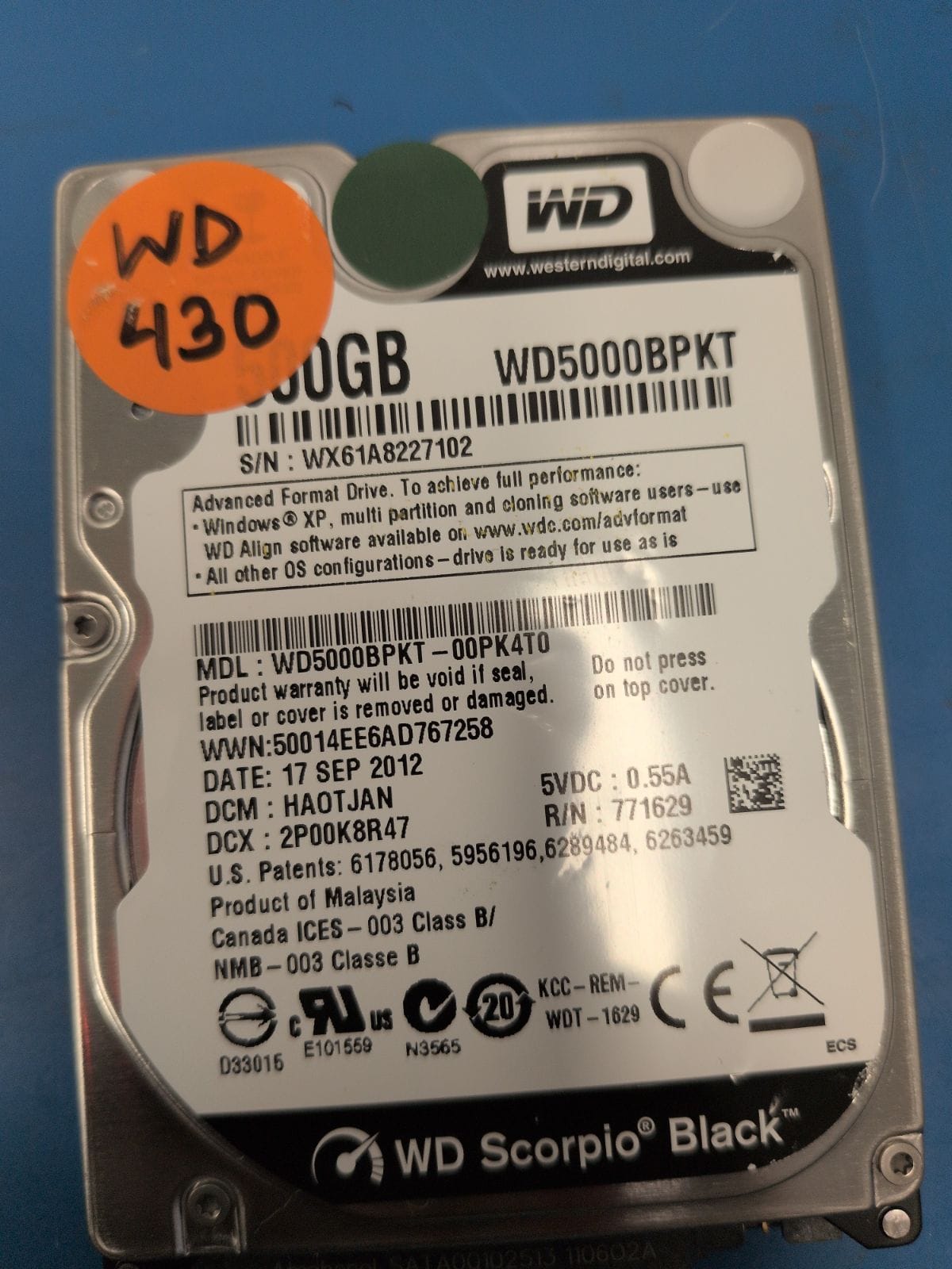WD430 drive label (front)