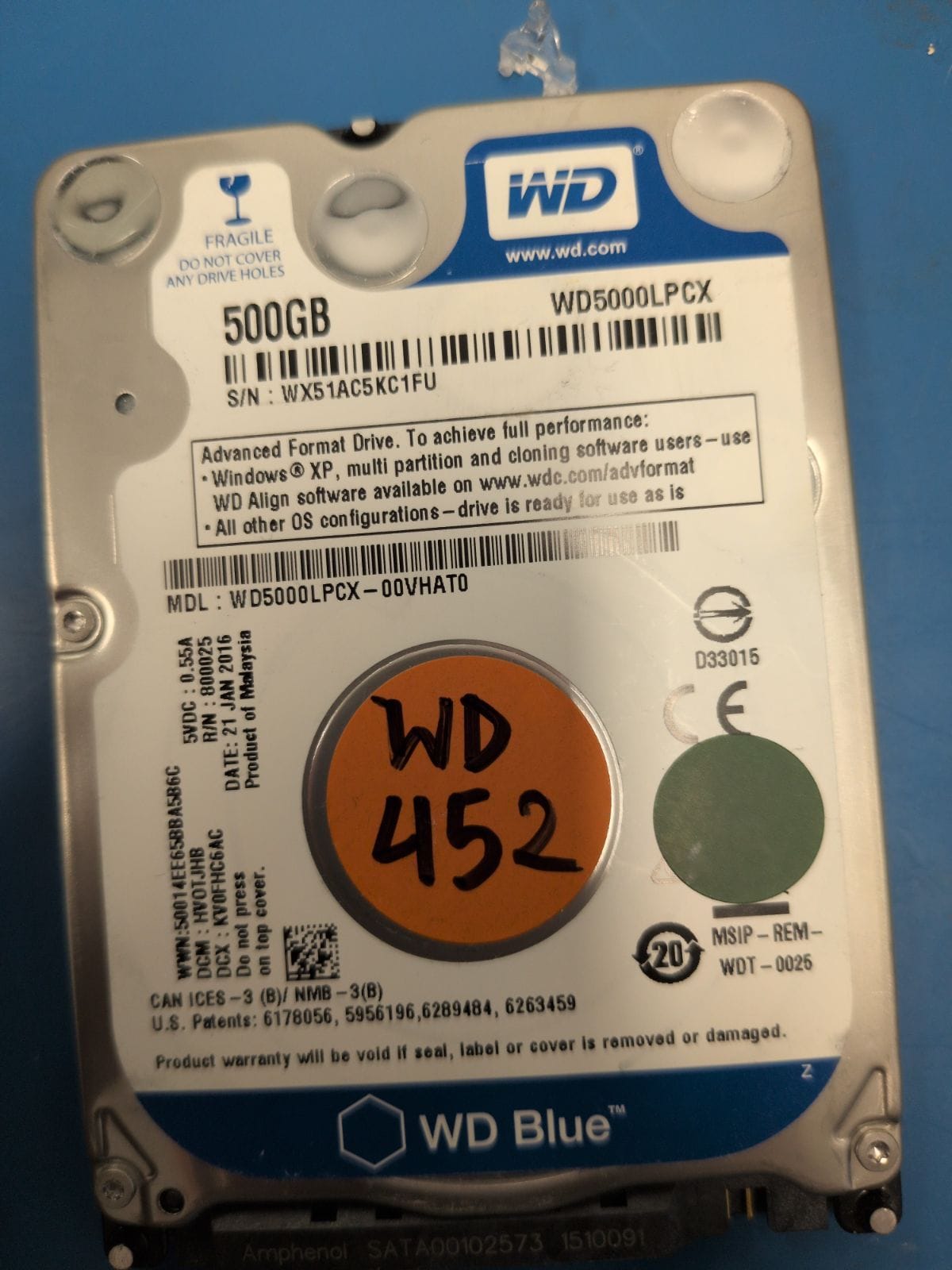 WD452 drive label (front)