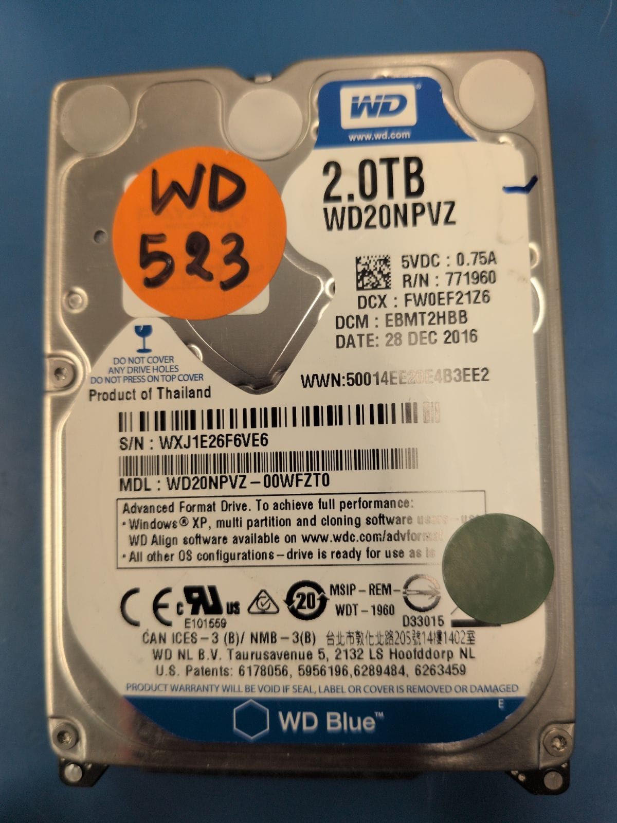 WD523 drive label (front)