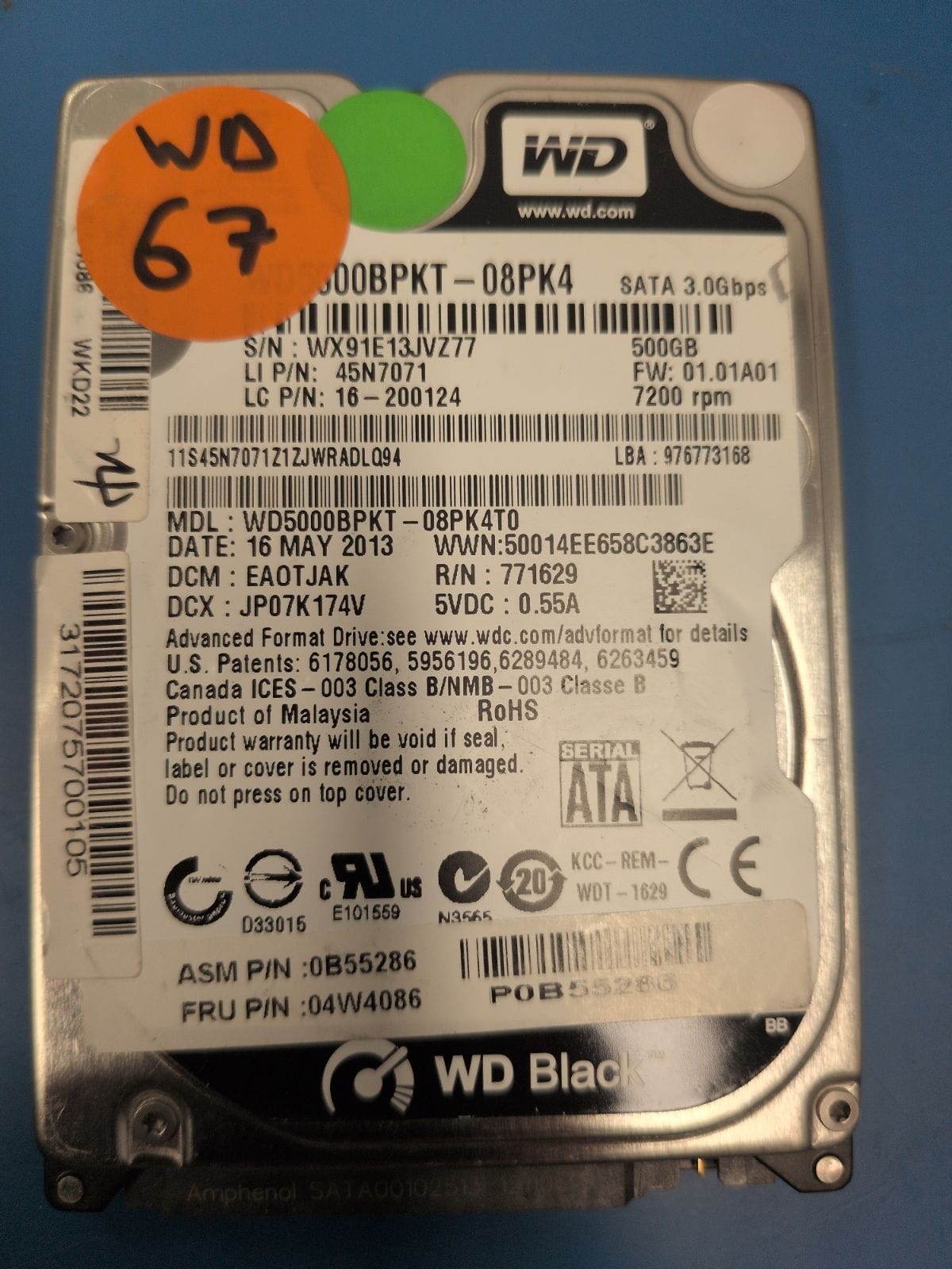 WD67 drive label (front)
